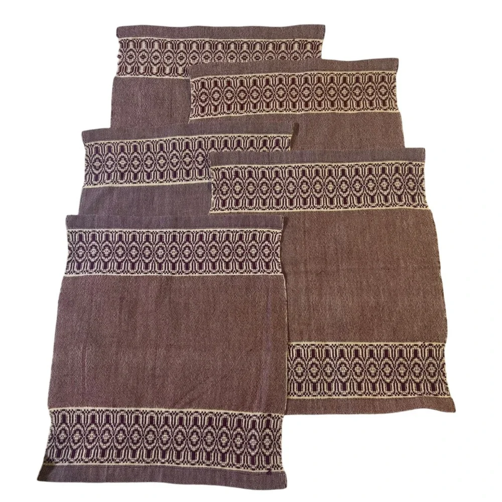 Vintage Handwoven Linen Napkins Set of 5 Plum Purple Geometric Border 13x15